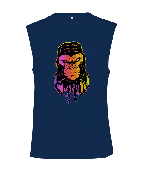 Tisho - Neon Işıklı Damlacıklı Sinirli Özel Tasarım Orangutan Fitness Lacivert Kesik Kol Unisex Tişört
