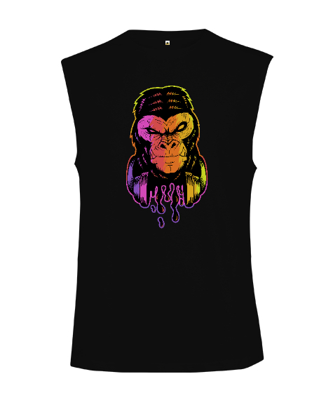 Tisho - Neon Işıklı Damlacıklı Sinirli Özel Tasarım Orangutan Fitness Siyah Kesik Kol Unisex Tişört