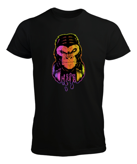 Tisho - Neon Işıklı Damlacıklı Sinirli Özel Tasarım Orangutan Siyah Erkek Tişört