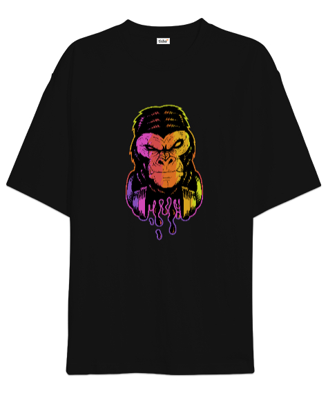 Tisho - Neon Işıklı Damlacıklı Sinirli Özel Tasarım Orangutan Siyah Oversize Unisex Tişört