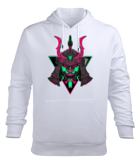 Tisho - Neon Samuray Maske Beyaz Erkek Kapüşonlu Hoodie Sweatshirt