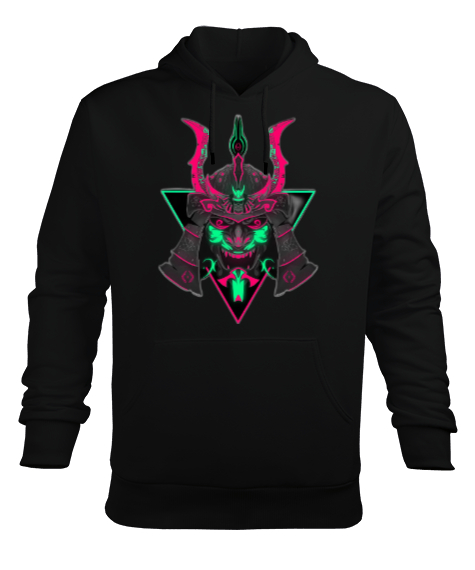 Tisho - Neon Samuray Maske Siyah Erkek Kapüşonlu Hoodie Sweatshirt