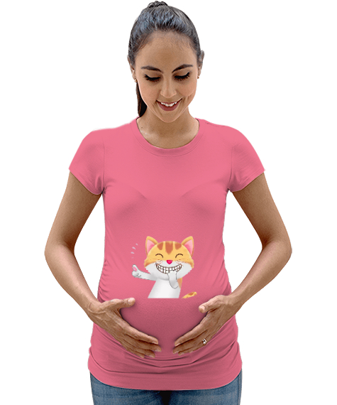 Tisho - Neşeli gülen kedi Pembe Kadın Hamile Tişört