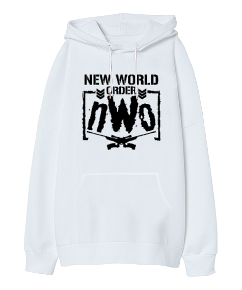 Tisho - New World Order NWO Beyaz Oversize Unisex Kapüşonlu Sweatshirt