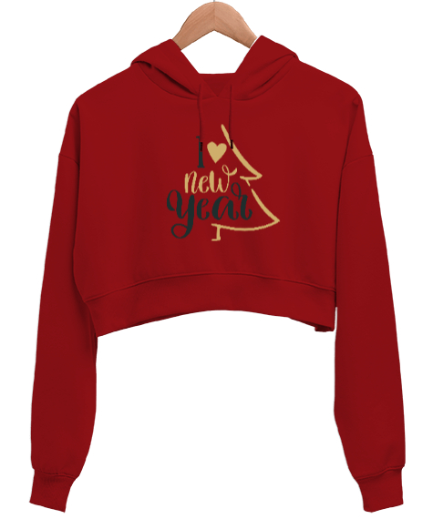 Tisho - New Year Kırmızı Kadın Crop Hoodie Kapüşonlu Sweatshirt
