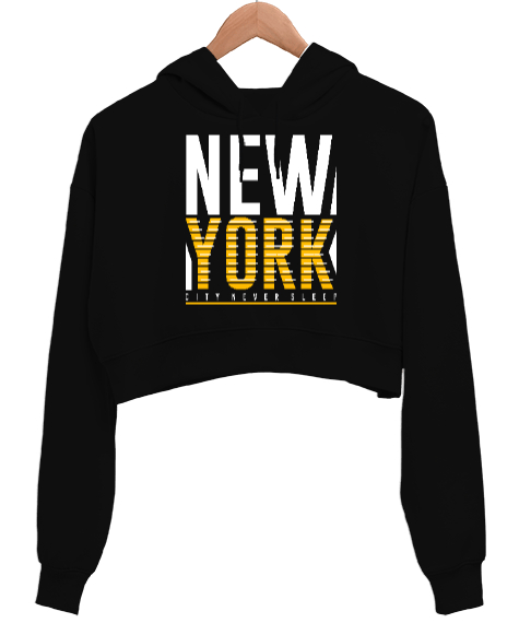 Tisho - New York City Never Sleeps Baskılı Siyah Kadın Crop Hoodie Kapüşonlu Sweatshirt