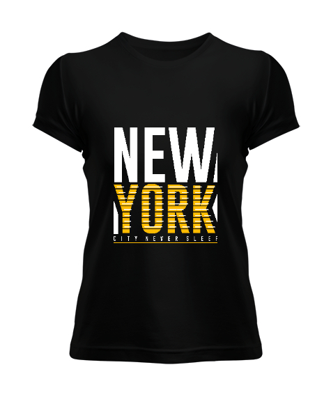 Tisho - New York City Never Sleeps Baskılı Siyah Kadın Tişört