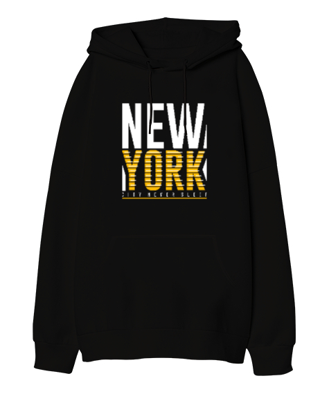 Tisho - New York City Never Sleeps Baskılı Siyah Oversize Unisex Kapüşonlu Sweatshirt