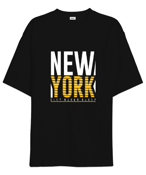 Tisho - New York City Never Sleeps Baskılı Siyah Oversize Unisex Tişört