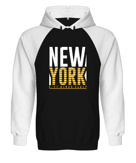 Tisho - New York City Never Sleeps Baskılı Siyah/Beyaz Orjinal Reglan Hoodie Unisex Sweatshirt