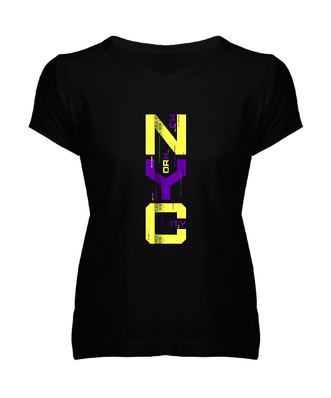 Tisho - New York City Siyah Kadın V Yaka Tişört