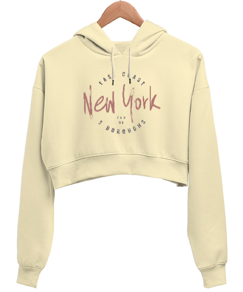 Tisho - New York East Coast Baskılı Krem Kadın Crop Hoodie Kapüşonlu Sweatshirt