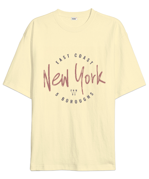 New York East Coast Baskılı Krem Oversize Unisex Tişört