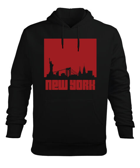 Tisho - NEW YORK Siyah Erkek Kapüşonlu Hoodie Sweatshirt