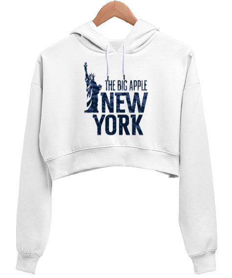Tisho - New York The Big Apple Baskılı Beyaz Kadın Crop Hoodie Kapüşonlu Sweatshirt