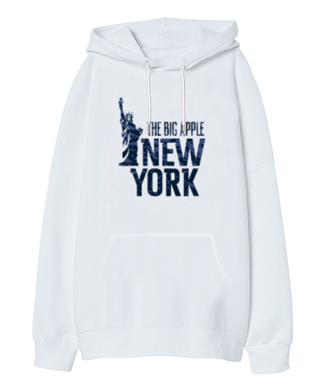 Tisho - New York The Big Apple Baskılı Beyaz Oversize Unisex Kapüşonlu Sweatshirt