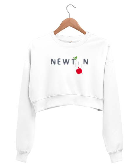 Tisho - Newton ve Düşen Elma Beyaz Kadın Crop Sweatshirt