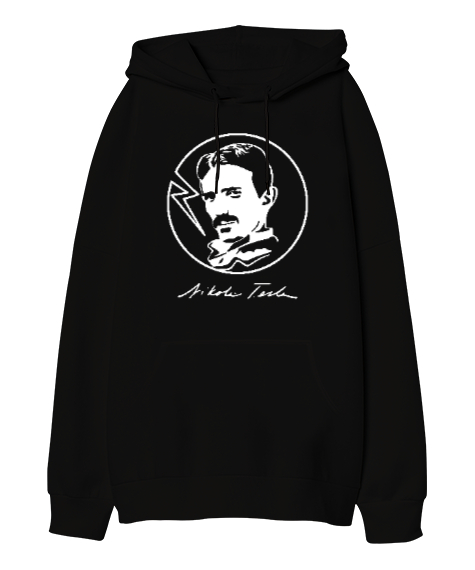 Tisho - Nikola Tesla - Elektrik Siyah Oversize Unisex Kapüşonlu Sweatshirt