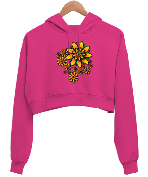 Tisho - Nilüfer Çiçekleri Fuşya Kadın Crop Hoodie Kapüşonlu Sweatshirt