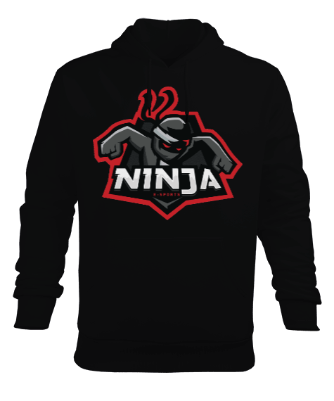 Tisho - Ninja Baskılı Cepli Kapşonlu Siyah Erkek Kapşonlu Erkek Kapüşonlu Hoodie Sweatshirt