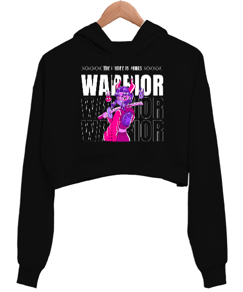 Tisho - Ninja Warrior Girl Siyah Kadın Crop Hoodie Kapüşonlu Sweatshirt