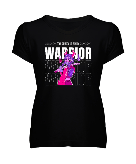 Tisho - Ninja Warrior Girl Siyah Kadın V Yaka Tişört