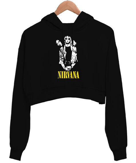 Tisho - Nirvana Blu V1 Siyah Kadın Crop Hoodie Kapüşonlu Sweatshirt