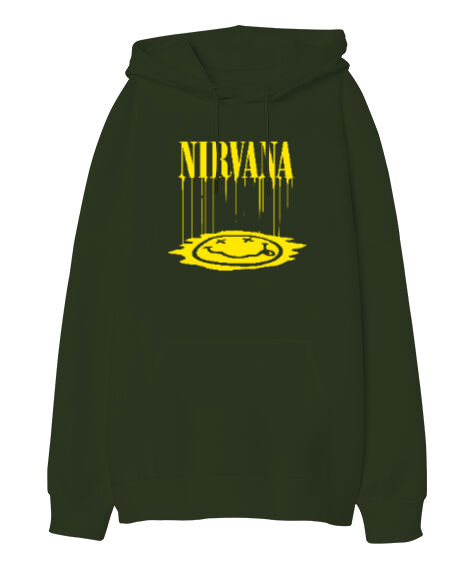 Tisho - Nirvana Blu V3 Haki Yeşili Oversize Unisex Kapüşonlu Sweatshirt