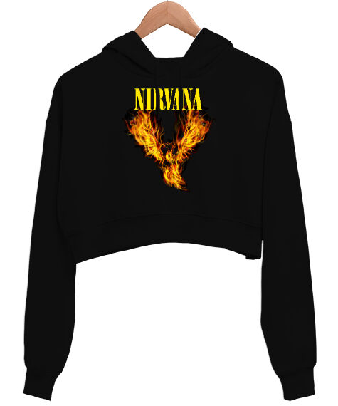 Tisho - Nirvana Blu V4 Siyah Kadın Crop Hoodie Kapüşonlu Sweatshirt