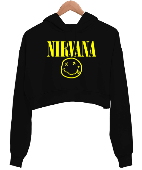 Tisho - Nirvana Nevermind Baskılı Siyah Kadın Crop Hoodie Kapüşonlu Sweatshirt