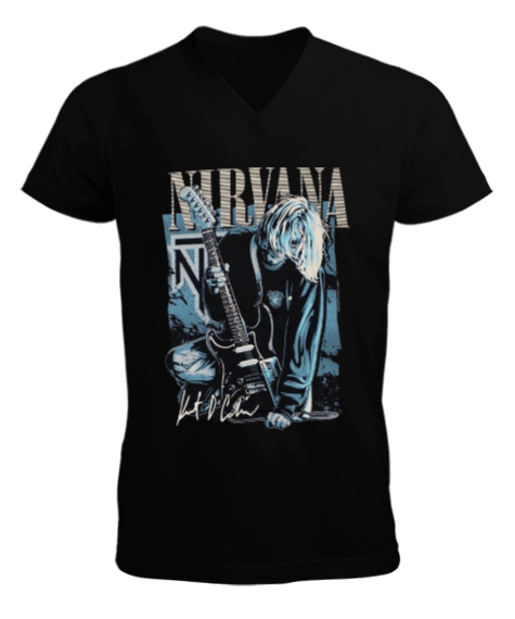 Tisho - Nirvana Rock Tasarım Baskılı Erkek Kısa Kol V Yaka Tişört