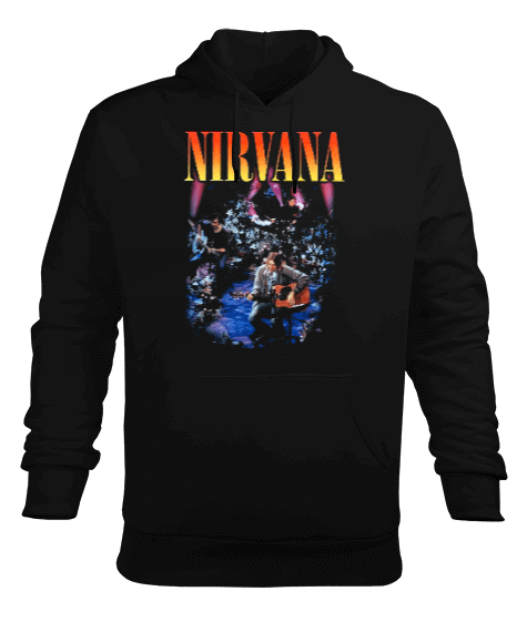 Tisho - Nirvana Unplugged Baskılı Siyah Erkek Kapüşonlu Hoodie Sweatshirt