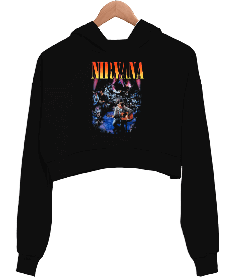Tisho - Nirvana Unplugged Baskılı Siyah Kadın Crop Hoodie Kapüşonlu Sweatshirt