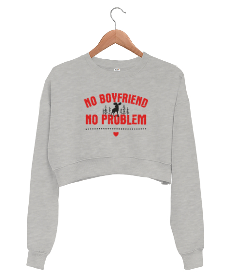 Tisho - No Boyfriend - Erkek Arkadaş Yok Problem Yok Gri Kadın Crop Sweatshirt
