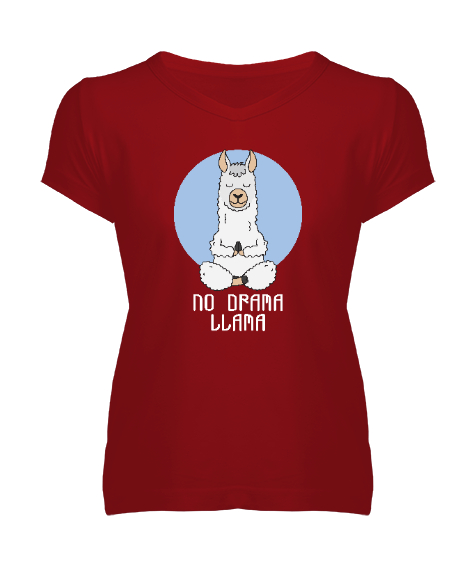 Tisho - No Drama Llama - Yoga Kırmızı Kadın V Yaka Tişört