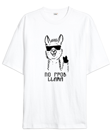 Tisho - No Prob Llama - Cool Lama Beyaz Oversize Unisex Tişört
