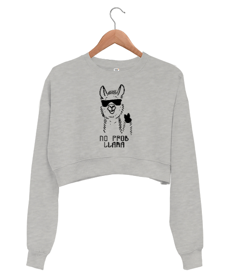 Tisho - No Prob Llama - Cool Lama Gri Kadın Crop Sweatshirt