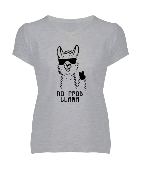 Tisho - No Prob Llama - Cool Lama Gri Kadın V Yaka Tişört