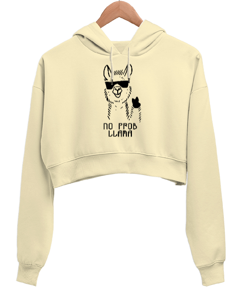 Tisho - No Prob Llama - Cool Lama Krem Kadın Crop Hoodie Kapüşonlu Sweatshirt