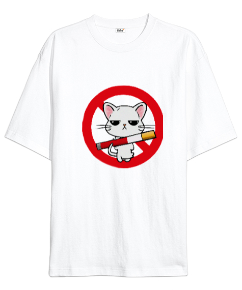 Tisho - no smoking cat Beyaz Oversize Unisex Tişört