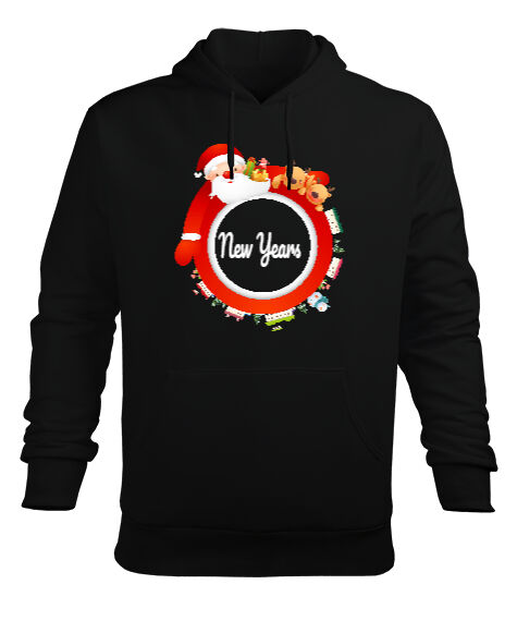 Tisho - Noel Baba Tasarımlı Siyah Erkek Kapüşonlu Hoodie Sweatshirt