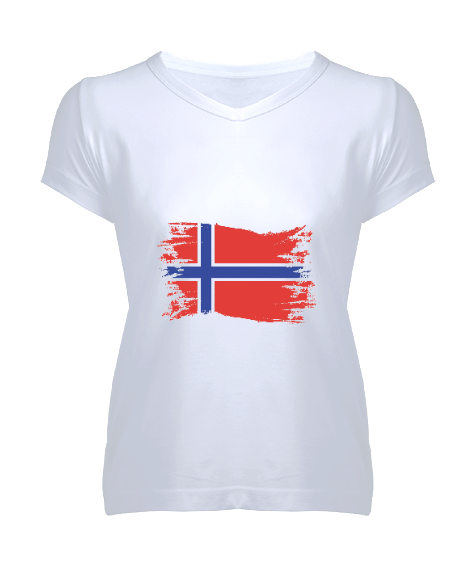 Tisho - NORWAY NORVEÇ BAYRAK BASKI DETAYLI Kadın V Yaka Tişört