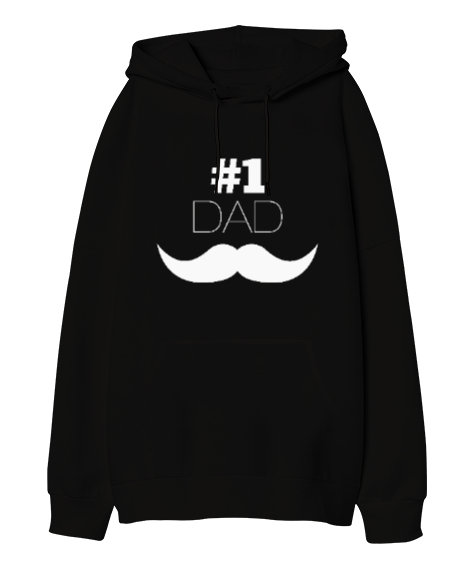 Tisho - Number One Dad - Babalar Günü Baskılı Siyah Oversize Unisex Kapüşonlu Sweatshirt
