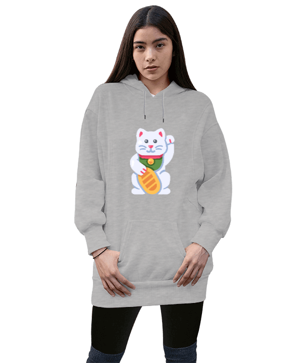 Tisho - Obez Kedi Kadın Uzun Hoodie Kapüşonlu Sweatshirt