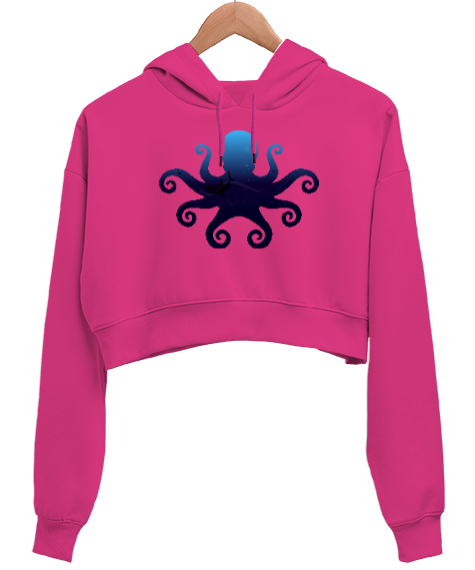 Tisho - OCEAN LIFE Fuşya Kadın Crop Hoodie Kapüşonlu Sweatshirt