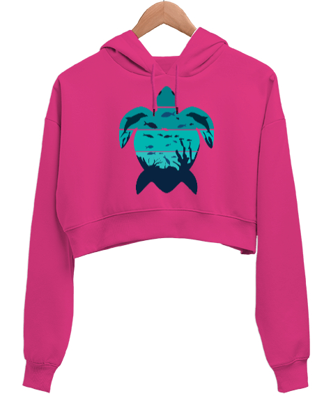 Tisho - OCEAN LIFE Fuşya Kadın Crop Hoodie Kapüşonlu Sweatshirt