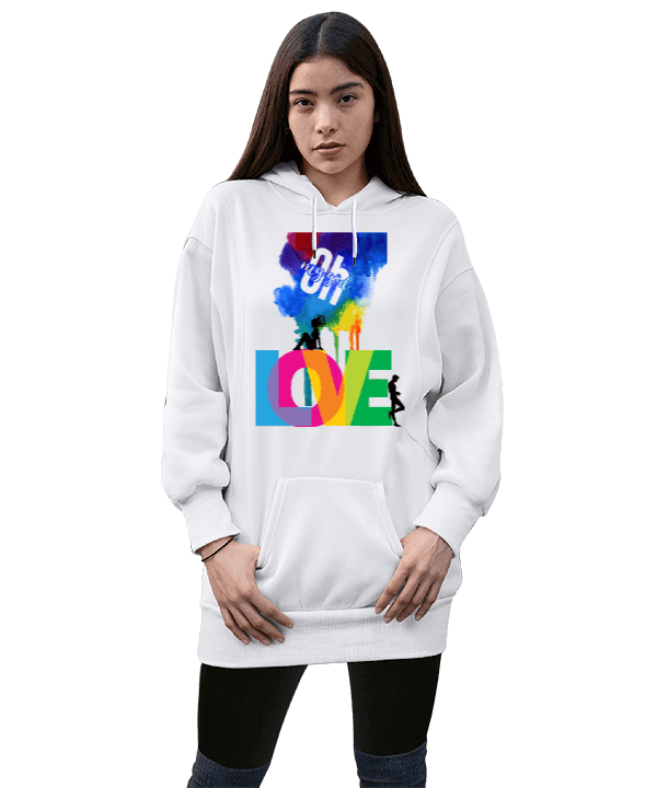 Tisho - Oh My Love Kadın Uzun Hoodie Kapüşonlu Sweatshirt