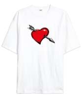 Ok Saplanmış Kalp Beyaz Oversize Unisex Tişört - Tisho