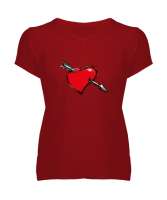Ok Saplanmış Kalp Kırmızı Kadın V Yaka Tişört - Tisho