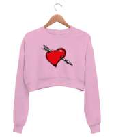 Ok Saplanmış Kalp Pembe Kadın Crop Sweatshirt - Tisho